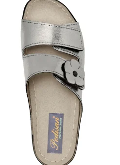 Bequeme Damen-Pantoletten, Weite G, mit Lederblüte