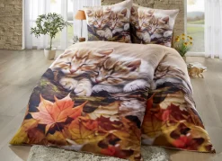Bettwäsche-Garnitur mit Kätzchen im Herbstlaub-Motiv