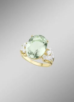 Damenring mit grünem Amethyst, Weißtopas und Diamanten