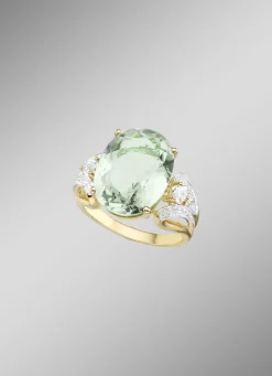 Damenring mit grünem Amethyst, Weißtopas und Diamanten