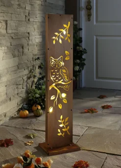 Dekostele Eule mit LEDs aus Eisen in Rostoptik