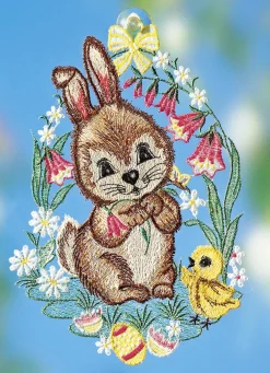 Fensterbild Häschen aus Plauener Spitze