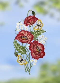 Fensterbild mit Mohnblumen-Motiv aus Plauener Spitze