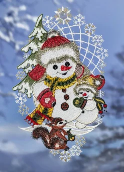 Fensterbild Schneemänner und Eichhörnchen