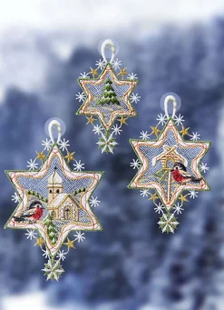 Fensterbild Sterne, 3er-Set, aus Plauener Spitze