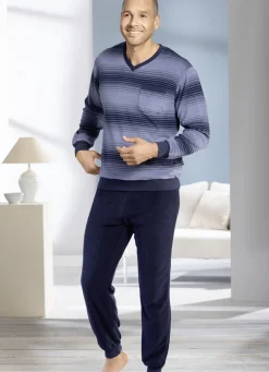 Frottier-Schlafanzug mit V-Ausschnitt und Bündchenabschlüssen