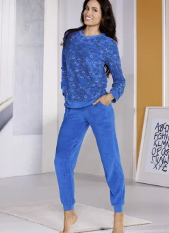 Frottierstretch Schlafanzug mit Rundhals und Bündchen