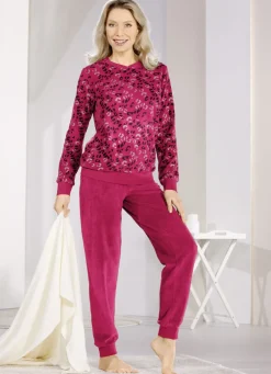 Frottierstretch Schlafanzug mit Rundhals und Bündchen