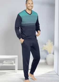Hajo Klima Komfort Schlafanzug mit V-Ausschnitt und garngefärbtem Ringel