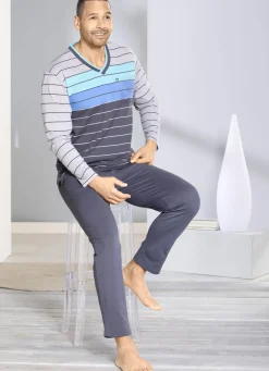 Hajo Klima Komfort Schlafanzug mit V-Ausschnitt und garngefärbtem Ringel