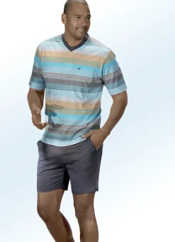 Hajo Klima Komfort Shorty mit garngefärbtem Ringeldessin, V-Ausschnitt, Brusttasche