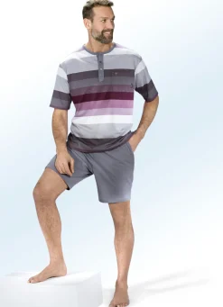 Hajo Klima Komfort Shorty mit garngefärbtem Ringeldessin, Knopfleiste, Brusttasche