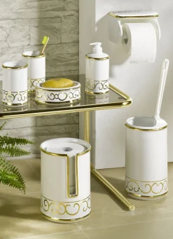 Handbemalte Badezimmeraccessoires aus glasierter Keramik