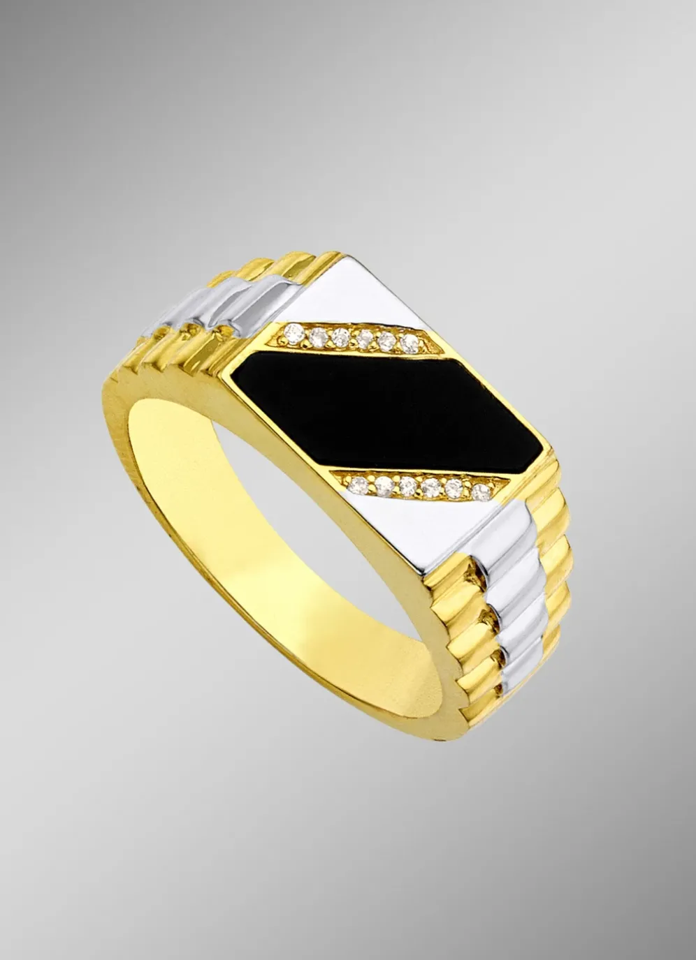 Herrenring in Bicolor mit Zirkonia und echt Onyx