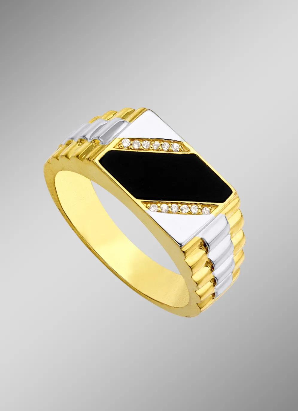 Herrenring in Bicolor mit Zirkonia und echt Onyx