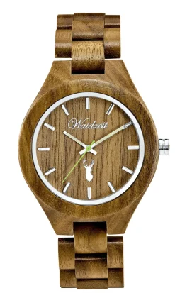 Herrenuhr der Marke Waidzeit, komplett gefertigt aus naturbelassenem Walnussholz