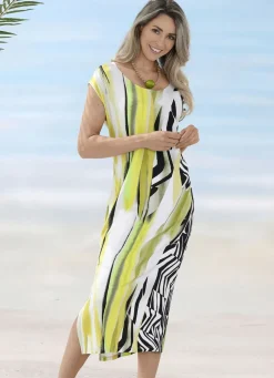 Klaus Modelle Kleid mit überschnittenen Ärmeln und farbbrillantem Druckdessin