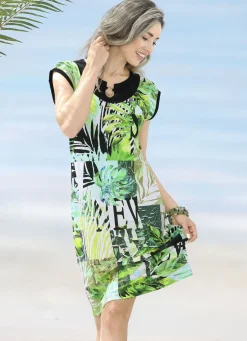 Kleid mit farbbrillantem Druckdessin und überschnittenen Ärmeln