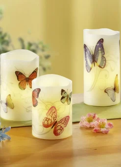 LED-Echtwachskerzen mit frühlingshaften Schmetterlingssmotiv, 3er-Set