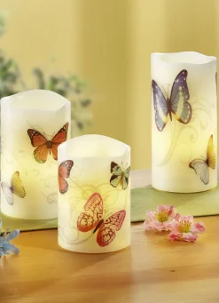 LED-Echtwachskerzen mit frühlingshaften Schmetterlingssmotiv, 3er-Set