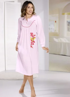 Nachthemd, wadenlang mit knöpfbaren Bündchenabschlüssen