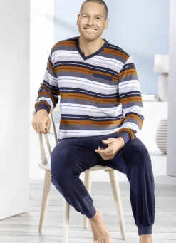 Schlafanzug aus Frottierstretch mit V-Ausschnitt und Bündchenabschlüssen