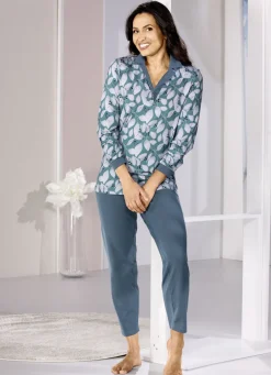 Schlafanzug, Langarm mit Ein-Knopfverschluss und knöpfbaren Bündchen