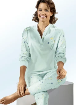 Schlafanzug, Langarm mit Knopfleiste und Bündchen