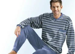 Schlafanzug mit Bündchenabschlüssen, V-Ausschnitt und garngefärbtem Ringeldessin