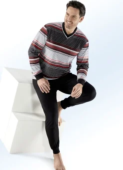 Schlafanzug mit Ringeldessin, V-Ausschnitt und Brusttasche