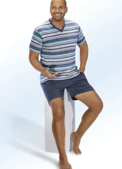 Shorty aus BIO-Baumwolle mit V-Ausschnitt und garngefärbtem Ringeldessin