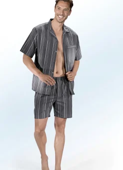 Shorty gewebt, durchgeknöpft, mit Reverskragen und Streifendessin