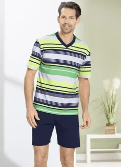 Shorty mit V-Ausschnitt und aufgesetzter Brusttasche, in Ringeldessin