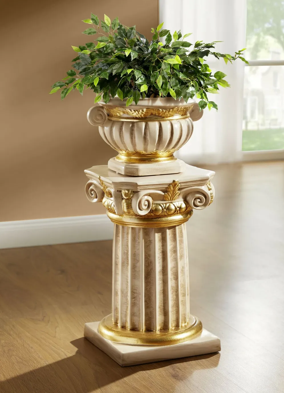 Säule mit Übertopf und echter Blattgoldauflage