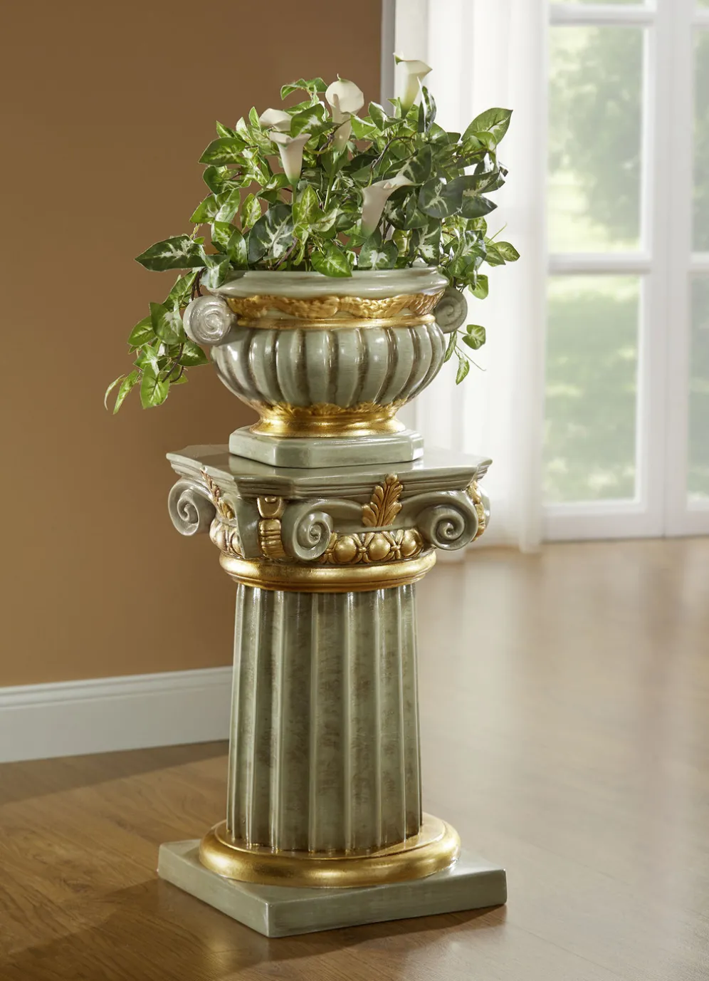 Säule mit Übertopf und echter Blattgoldauflage