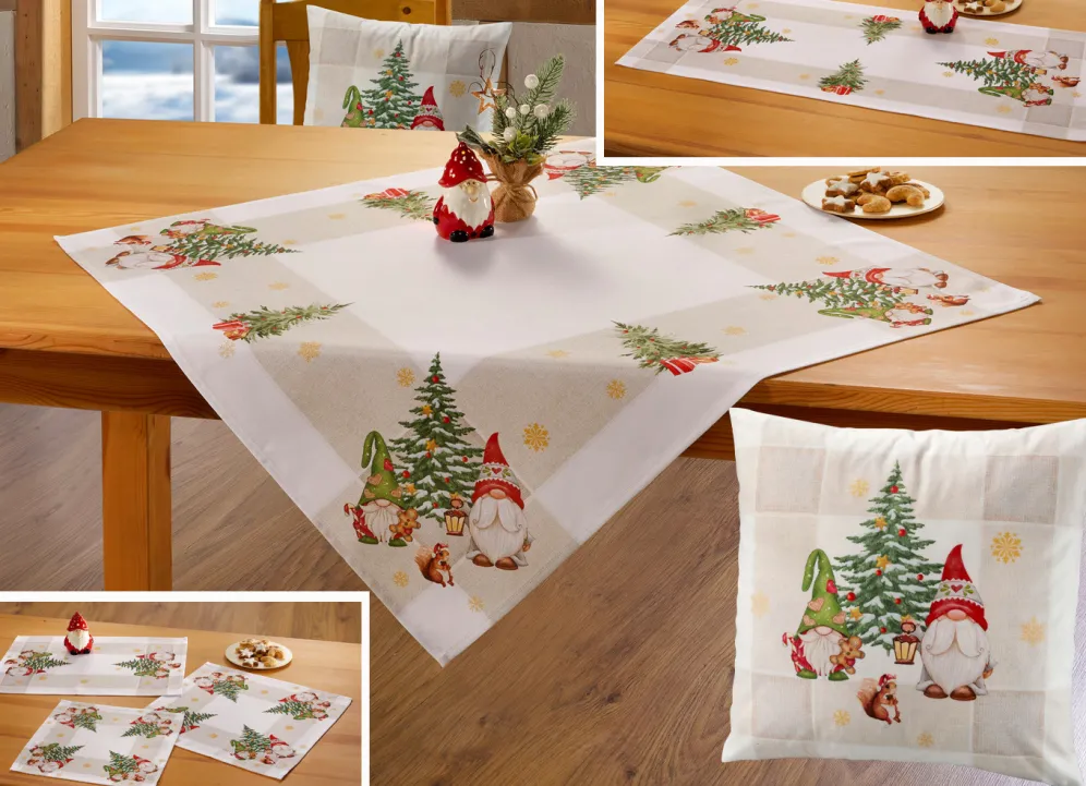 Tischdecke mit weihnachtlichem Wichtel-Dessin