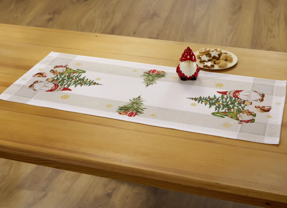 Tischdecke mit weihnachtlichem Wichtel-Dessin