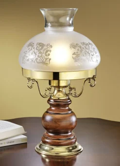 Tischleuchte aus massivem Messing mit Fuß aus massivem Erlenholz