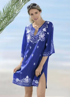 Tunika mit weißer Stickerei sowie Seitenschlitzen, reine Baumwolle