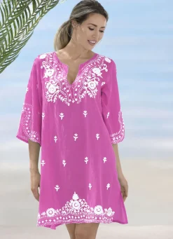 Tunika mit weißer Stickerei sowie Seitenschlitzen, reine Baumwolle