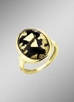 Unikat: Damenring mit Onyx, beh. und Bergkristall mit Blattgold-Triplette