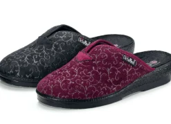 Zweierpack, klassische Damen-Hausschuhe, Weite H, mit bedrucktem Veloursmaterial