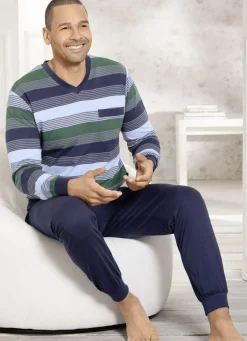 Zweierpack Schlafanzüge mit V-Ausschnitt und aufgesetzter Brusttasche in Ringeldessin