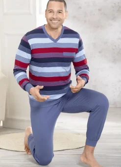 Zweierpack Schlafanzüge mit V-Ausschnitt und aufgesetzter Brusttasche in Ringeldessin