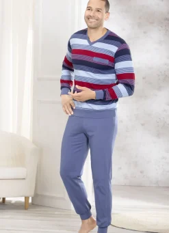 Zweierpack Schlafanzüge mit V-Ausschnitt und aufgesetzter Brusttasche in Ringeldessin