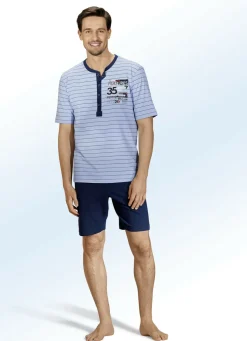 Zweierpack Shortys mit langer Knopfleiste, garngefärbtem Ringeldessin und Druckmotiv