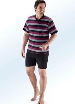 Zweierpack Shortys mit V-Ausschnitt, Brusttasche, garngefärbtem Ringeldessin