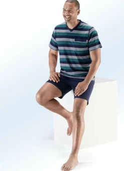 Zweierpack Shortys mit V-Ausschnitt, Brusttasche, garngefärbtem Ringeldessin