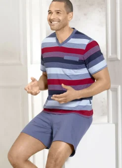 Zweierpack Shortys mit V-Ausschnitt und Brusttasche in Ringeldessin